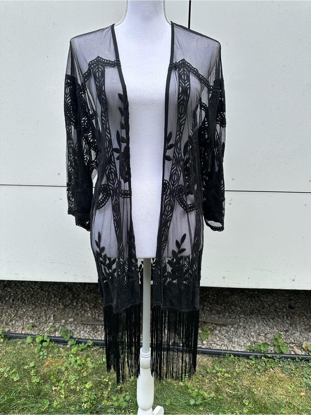 Forever 21 / Black Crochet Appliques Duster with Fringe / Small / Whimsigoth